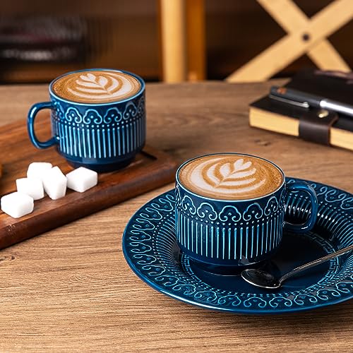AmorArc 8oz Cappuccino Mug Set of 4, Stackable Coffee Mugs for Man, Woman, Dad, Mom, Ceramic Coffee Cups with Textured Patterns for Tea/Latte/Cappuccino. Dishwasher&Microwave Safe, Blue