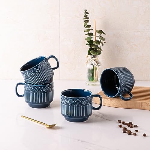 AmorArc 8oz Cappuccino Mug Set of 4, Stackable Coffee Mugs for Man, Woman, Dad, Mom, Ceramic Coffee Cups with Textured Patterns for Tea/Latte/Cappuccino. Dishwasher&Microwave Safe, Blue