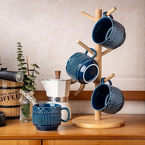 AmorArc 8oz Cappuccino Mug Set of 4, Stackable Coffee Mugs for Man, Woman, Dad, Mom, Ceramic Coffee Cups with Textured Patterns for Tea/Latte/Cappuccino. Dishwasher&Microwave Safe, Blue