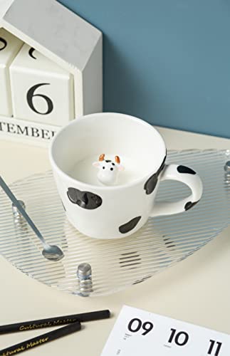 DIHOclub Cow Ceramic Cup Hidden 3D Animal Inside Mug,Cute Cartoon Handmade Figurine Mugs,Holiday and Birthday Gift for Coffee Milk Tea Lovers,12 OZ(White,Black)