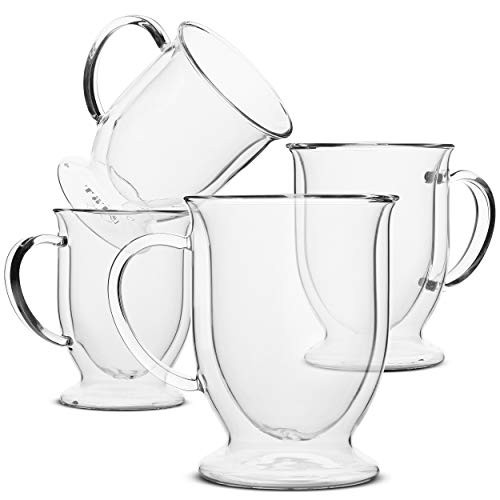 Brew To A Tea- Double Wall Glass Coffee Mugs, 16 oz, Set of 4, Clear, Insulated, Reusable, Microwave Safe, Dishwasher Safe, Mother's Day Gift
