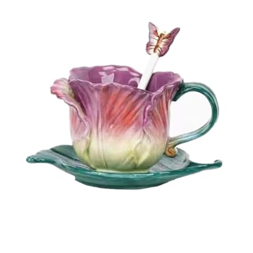 Minigift Ceramic Tea Cup and Saucer Set ,6OZ 3D Hand-Painted Flower and Lotus Leaf Coffee Mug,Gift for Women- Purple Tulip