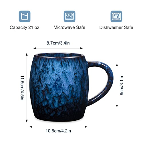 Otevymu 21 Oz Large Ceramic Coffee Mug, Handmade Pottery Big Tea Cup for Office and Home, Big Handle Hot and Cold Drinking, Microwave and Dishwasher Safe, Unique Texture Glaze (Deep blue)