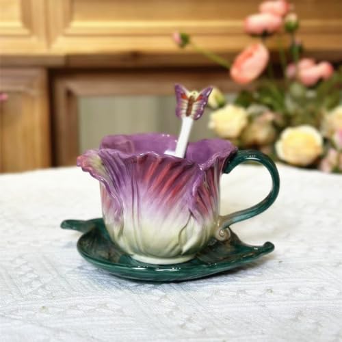 Minigift Ceramic Tea Cup and Saucer Set ，6OZ 3D Hand-Painted Flower and Lotus Leaf Coffee Mug，Gift for Women- Purple Tulip