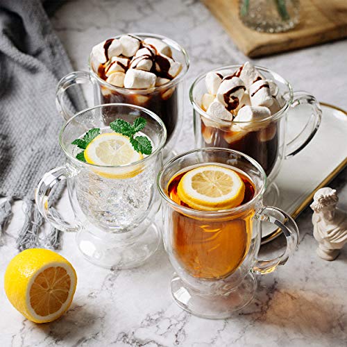 Brew To A Tea- Double Wall Glass Coffee Mugs, 16 oz, Set of 4, Clear, Insulated, Reusable, Microwave Safe, Dishwasher Safe, Mother's Day Gift