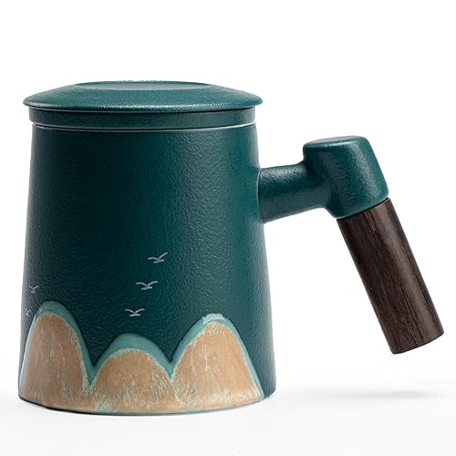CERMIC Tea Infuser Mug with Lid,13.5oz Ceramic Tea Cup With Sandalwood Handle,Hand made Mountain Bird Pattern on Loose Leaf Tea Mug Tea Steeping Mug for gift (Green)