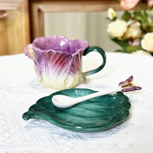 Minigift Ceramic Tea Cup and Saucer Set ，6OZ 3D Hand-Painted Flower and Lotus Leaf Coffee Mug，Gift for Women- Purple Tulip