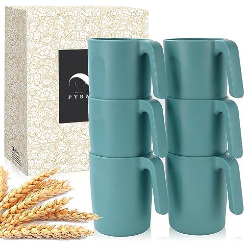 PYRMONT Wheat Straw Cups-Mug Set of 6,Reusable Plastic Coffee Mug,Tea Cup with Handles,16 oz Mug Set for Coffee,Camping,Unbreakable Drinking Glasses,BPA-Free,Dishwasher & Microwave Safe-Green