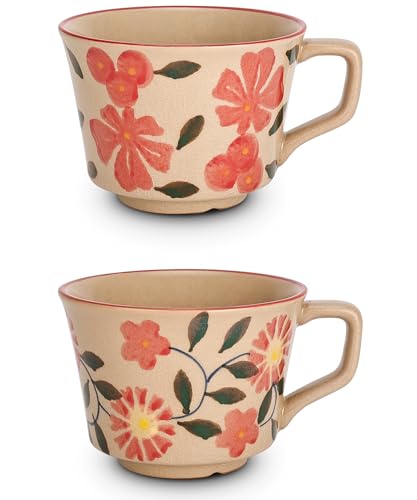 LINVIA Floral Mug, 12oz Ceramic Coffee Cup for Tea Latte Cappuccino, Unique Crackle Glaze Stoneware Teacup with Large Handle, Gift for Women and Men (Set of 2, Red Set)