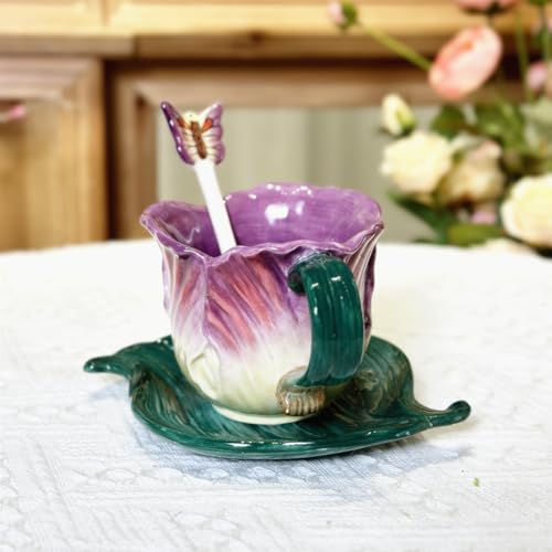 Minigift Ceramic Tea Cup and Saucer Set ，6OZ 3D Hand-Painted Flower and Lotus Leaf Coffee Mug，Gift for Women- Purple Tulip