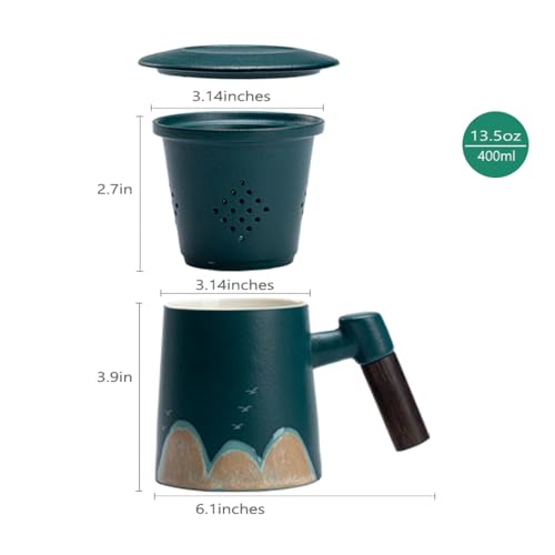 CERMIC Tea Infuser Mug with Lid，13.5oz Ceramic Tea Cup With Sandalwood Handle，Hand made Mountain Bird Pattern on Loose Leaf Tea Mug Tea Steeping Mug for gift (Green)