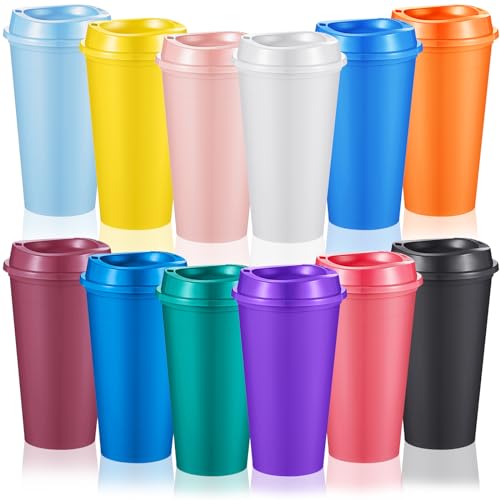 FillTouch 12 Pcs Reusable Coffee Cups with Lids 16 oz Travel Hot Cups Microwavable Plastic Tumblers Cups Coffee Mugs for Hot and Cold Drinks (Bright Colors)