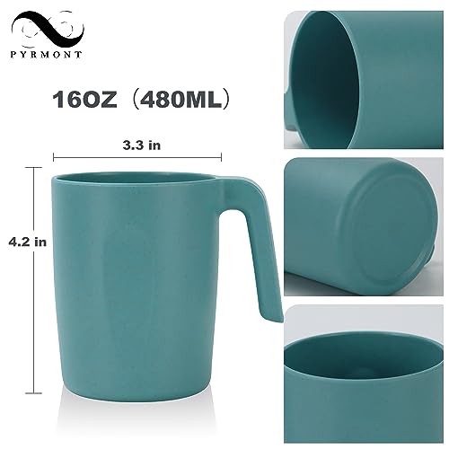 PYRMONT Wheat Straw Cups-Mug Set of 6,Reusable Plastic Coffee Mug,Tea Cup with Handles,16 oz Mug Set for Coffee,Camping,Unbreakable Drinking Glasses,BPA-Free,Dishwasher & Microwave Safe-Green
