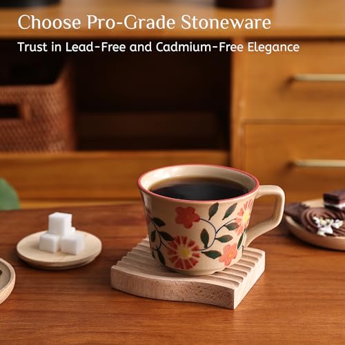 LINVIA Floral Mug, 12oz Ceramic Coffee Cup for Tea Latte Cappuccino, Unique Crackle Glaze Stoneware Teacup with Large Handle, Gift for Women and Men (Set of 2, Red Set)