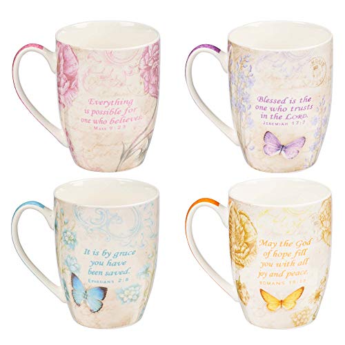 Christian Art Gifts Botanic Butterfly Blessings Coffee/Tea Mug Set w/Scripture Teal Grace Butterfly, Purple Blessed Butterfly, Pink Believe Butterfly, Yellow Hope Butterfly, Microwave/Dishwasher Safe