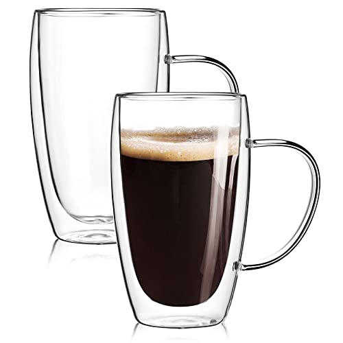 2-Pack 15 Oz Double Walled Glass Coffee Mugs with Handle,Large Insulated Layer Coffee Cups,Clear Borosilicate Mugs,Perfect for Cappuccino,Tea,Latte,Espresso,Hot Beverage,Wine,Microwave Safe