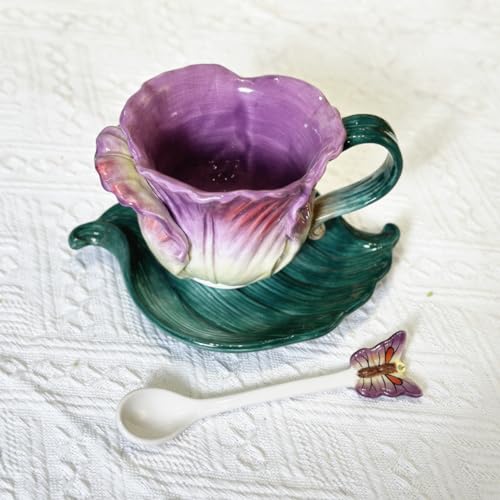 Minigift Ceramic Tea Cup and Saucer Set ，6OZ 3D Hand-Painted Flower and Lotus Leaf Coffee Mug，Gift for Women- Purple Tulip