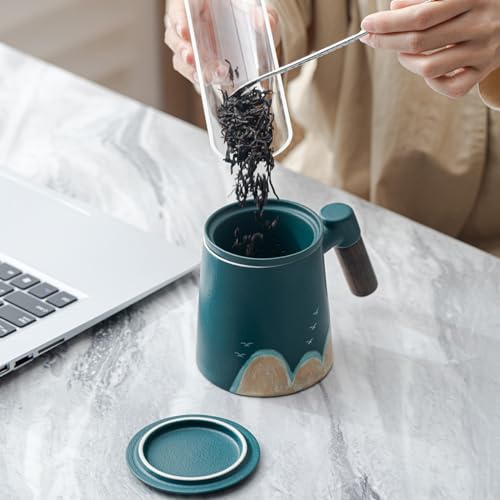 CERMIC Tea Infuser Mug with Lid，13.5oz Ceramic Tea Cup With Sandalwood Handle，Hand made Mountain Bird Pattern on Loose Leaf Tea Mug Tea Steeping Mug for gift (Green)