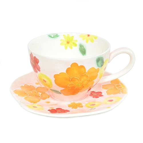 Noviko Cute Coffee Mug with Saucer,Ceramic Tea Cup Unique Coffee Mugs for Women (Orange Bulbous Orchids)