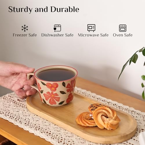 LINVIA Floral Mug, 12oz Ceramic Coffee Cup for Tea Latte Cappuccino, Unique Crackle Glaze Stoneware Teacup with Large Handle, Gift for Women and Men (Set of 2, Red Set)