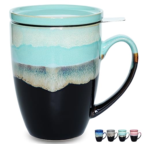 Bosmarlin Ceramic Tea Cup with Infuser and Lid, 13.5 Oz, 4 Colors to Choose, Dishwasher and Microwave Safe, Reactive Glaze, Steeping Tea Mug with Strainer