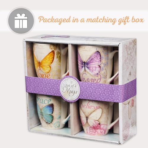 Christian Art Gifts Botanic Butterfly Blessings Coffee/Tea Mug Set w/Scripture Teal Grace Butterfly, Purple Blessed Butterfly, Pink Believe Butterfly, Yellow Hope Butterfly, Microwave/Dishwasher Safe