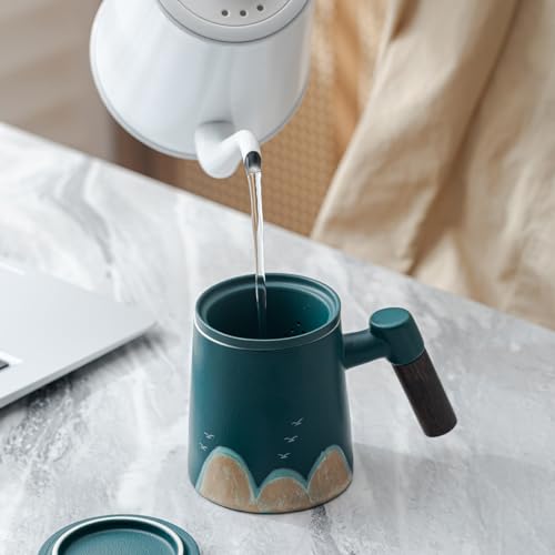 CERMIC Tea Infuser Mug with Lid，13.5oz Ceramic Tea Cup With Sandalwood Handle，Hand made Mountain Bird Pattern on Loose Leaf Tea Mug Tea Steeping Mug for gift (Green)