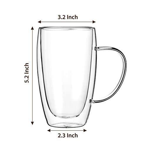 2-Pack 15 Oz Double Walled Glass Coffee Mugs with Handle,Large Insulated Layer Coffee Cups,Clear Borosilicate Mugs,Perfect for Cappuccino,Tea,Latte,Espresso,Hot Beverage,Wine,Microwave Safe