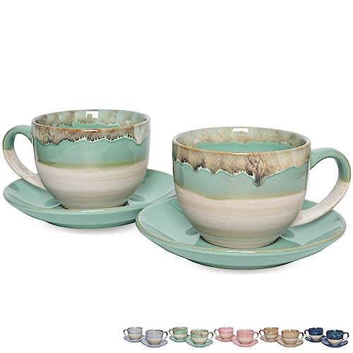 Bosmarlin Ceramic Cappuccino Cup and Saucer Set of 2, 10 Oz, Coffee Cups for Latte, Espresso, Tea, Dishwasher and Microwave Safe, Reavtive Glaze (Green)