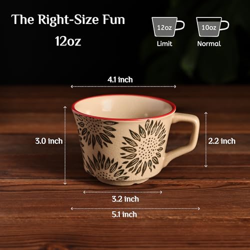 LINVIA Floral Mug, 12oz Ceramic Coffee Cup for Tea Latte Cappuccino, Unique Crackle Glaze Stoneware Teacup with Large Handle, Gift for Women and Men (Set of 2, Red Set)