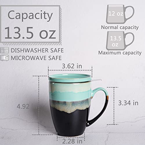 Bosmarlin Ceramic Tea Cup with Infuser and Lid, 13.5 Oz, 4 Colors to Choose, Dishwasher and Microwave Safe, Reactive Glaze, Steeping Tea Mug with Strainer