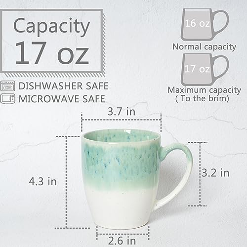 Bosmarlin Ceramic Coffee Mug Set of 4, 17 Oz, 4 Colors to Choose, Tea Cups, Dishwasher and Microwave Safe, Reactive Glaze (Green)