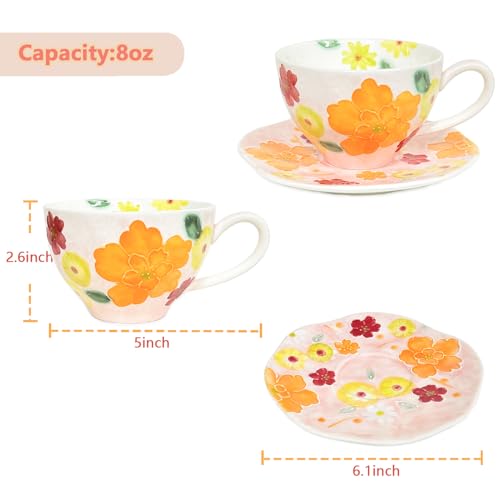 Noviko Cute Coffee Mug with Saucer,Ceramic Tea Cup Unique Coffee Mugs for Women (Orange Bulbous Orchids)