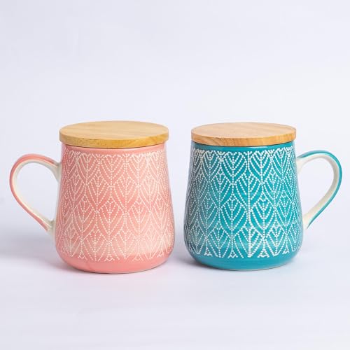 TERESA'S TEASET Coffee Mug with Lid Set of 2, 16.5 oz Ceramic Coffee Mugs with Handpainted Floral Pattern, Mugs Gift Set for Tea Lover, Woman and Couple, Microwave and Dishwasher Safe