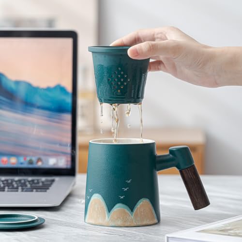 CERMIC Tea Infuser Mug with Lid，13.5oz Ceramic Tea Cup With Sandalwood Handle，Hand made Mountain Bird Pattern on Loose Leaf Tea Mug Tea Steeping Mug for gift (Green)