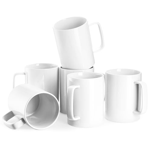 Jassceram Coffee Mugs Set of 6, 18 Ounce Porcelain Mugs for Latte, Hot Tea, Cappuccino, Cocoa and Milk, Ceramic Coffee Cups with Large Handle - Dishwasher & Microwave Safe, White