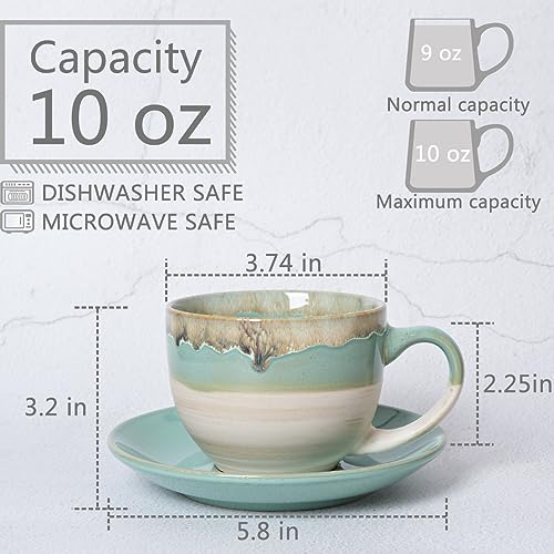 Bosmarlin Ceramic Cappuccino Cup and Saucer Set of 2, 10 Oz, Coffee Cups for Latte, Espresso, Tea, Dishwasher and Microwave Safe, Reavtive Glaze (Green)