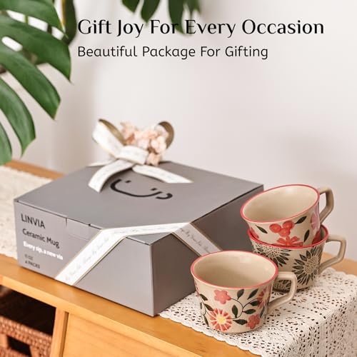 LINVIA Floral Mug, 12oz Ceramic Coffee Cup for Tea Latte Cappuccino, Unique Crackle Glaze Stoneware Teacup with Large Handle, Gift for Women and Men (Set of 2, Red Set)