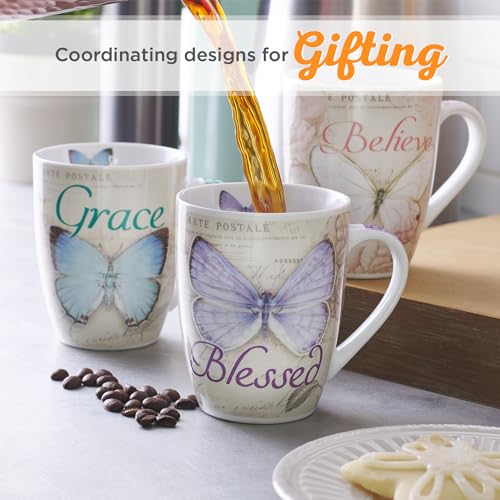 Christian Art Gifts Botanic Butterfly Blessings Coffee/Tea Mug Set w/Scripture Teal Grace Butterfly, Purple Blessed Butterfly, Pink Believe Butterfly, Yellow Hope Butterfly, Microwave/Dishwasher Safe