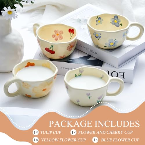 Vesici 4 Pcs 4 Styles Ceramic Cute Mugs Flower Coffee Mug 8.5 oz Irregular Aesthetic Ceramic Porcelain Flower Tea Cup with Handle Dishwasher Microwave Safe for Office Home Gifts