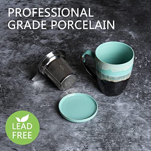 Bosmarlin Ceramic Tea Cup with Infuser and Lid, 13.5 Oz, 4 Colors to Choose, Dishwasher and Microwave Safe, Reactive Glaze, Steeping Tea Mug with Strainer
