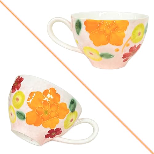 Noviko Cute Coffee Mug with Saucer,Ceramic Tea Cup Unique Coffee Mugs for Women (Orange Bulbous Orchids)