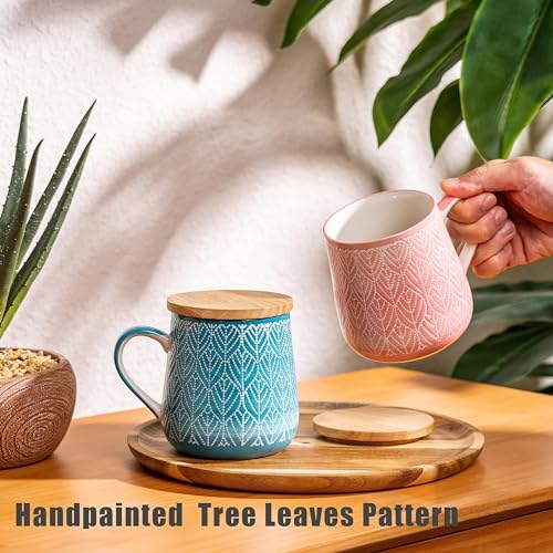 TERESA'S TEASET Coffee Mug with Lid Set of 2, 16.5 oz Ceramic Coffee Mugs with Handpainted Floral Pattern, Mugs Gift Set for Tea Lover, Woman and Couple, Microwave and Dishwasher Safe