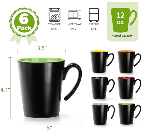 Yesland 6 Pack Ceramic Coffee Mug Set, 12 oz Restaurant Coffee Cups with Large Handle Drinking Cups for Tea, Latte, Cappuccino, Milk, Black Outside and Colorful Inside, Dishwasher and Microwave Safe