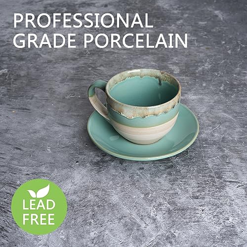 Bosmarlin Ceramic Cappuccino Cup and Saucer Set of 2, 10 Oz, Coffee Cups for Latte, Espresso, Tea, Dishwasher and Microwave Safe, Reavtive Glaze (Green)