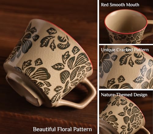 LINVIA Floral Mug, 12oz Ceramic Coffee Cup for Tea Latte Cappuccino, Unique Crackle Glaze Stoneware Teacup with Large Handle, Gift for Women and Men (Set of 2, Red Set)