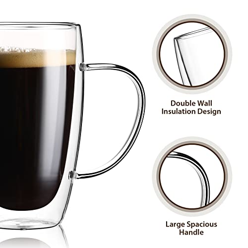 2-Pack 15 Oz Double Walled Glass Coffee Mugs with Handle,Large Insulated Layer Coffee Cups,Clear Borosilicate Mugs,Perfect for Cappuccino,Tea,Latte,Espresso,Hot Beverage,Wine,Microwave Safe