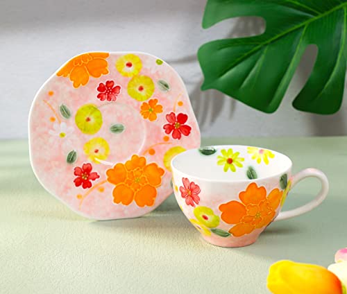 Noviko Cute Coffee Mug with Saucer,Ceramic Tea Cup Unique Coffee Mugs for Women (Orange Bulbous Orchids)