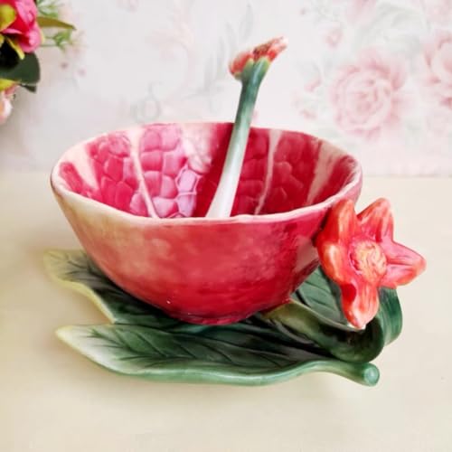 Minigift Ceramic Tea Cup and Saucer Set ，6OZ 3D Hand-Painted Pomegranate Coffee Mug，Gift for Women