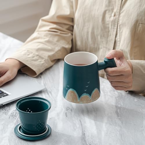 CERMIC Tea Infuser Mug with Lid，13.5oz Ceramic Tea Cup With Sandalwood Handle，Hand made Mountain Bird Pattern on Loose Leaf Tea Mug Tea Steeping Mug for gift (Green)